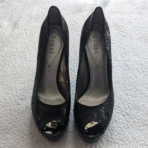 Guess peep toe black glitter heels